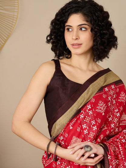 Women's Bhagalpuri Silk Brown Printed Ready to Wear With Blouse Piece