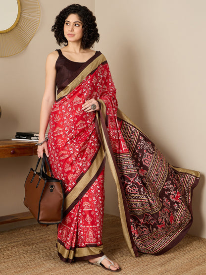 Women's Bhagalpuri Silk Brown Printed Ready to Wear With Blouse Piece