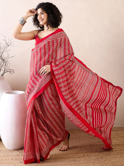 Women's Bhagalpuri Silk Red Printed Ready to Wear With Blouse Piece