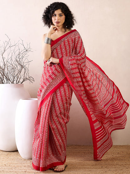 Women's Bhagalpuri Silk Red Printed Ready to Wear With Blouse Piece