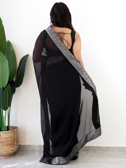 Women's Georgette Black Embellished Ready to Wear With Blouse Piece