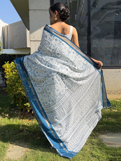 Women's Dola Silk White Printed Ready to Wear With Blouse Piece