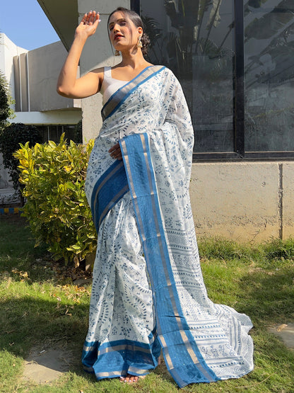 Women's Dola Silk White Printed Ready to Wear With Blouse Piece