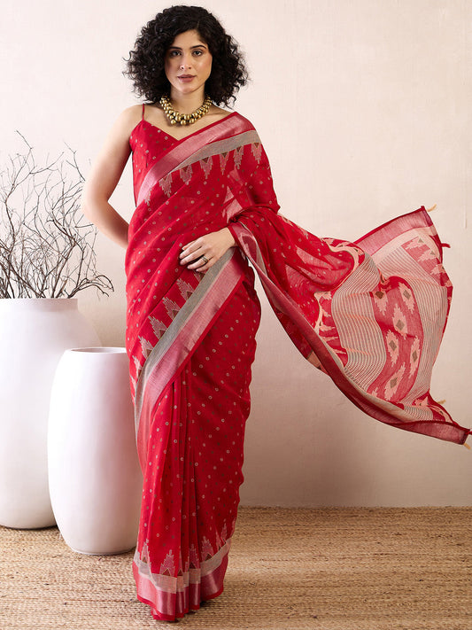 Women's Cotton Linen Red Printed Ready to Wear With Blouse Piece