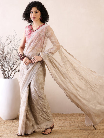 Women's Chiffon Cream Embellished Ready to Wear With Blouse Piece