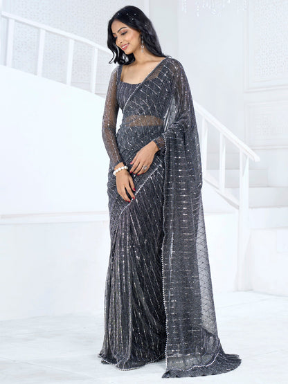 Women's Lycra Black Embellished Ready to Wear With Blouse Piece