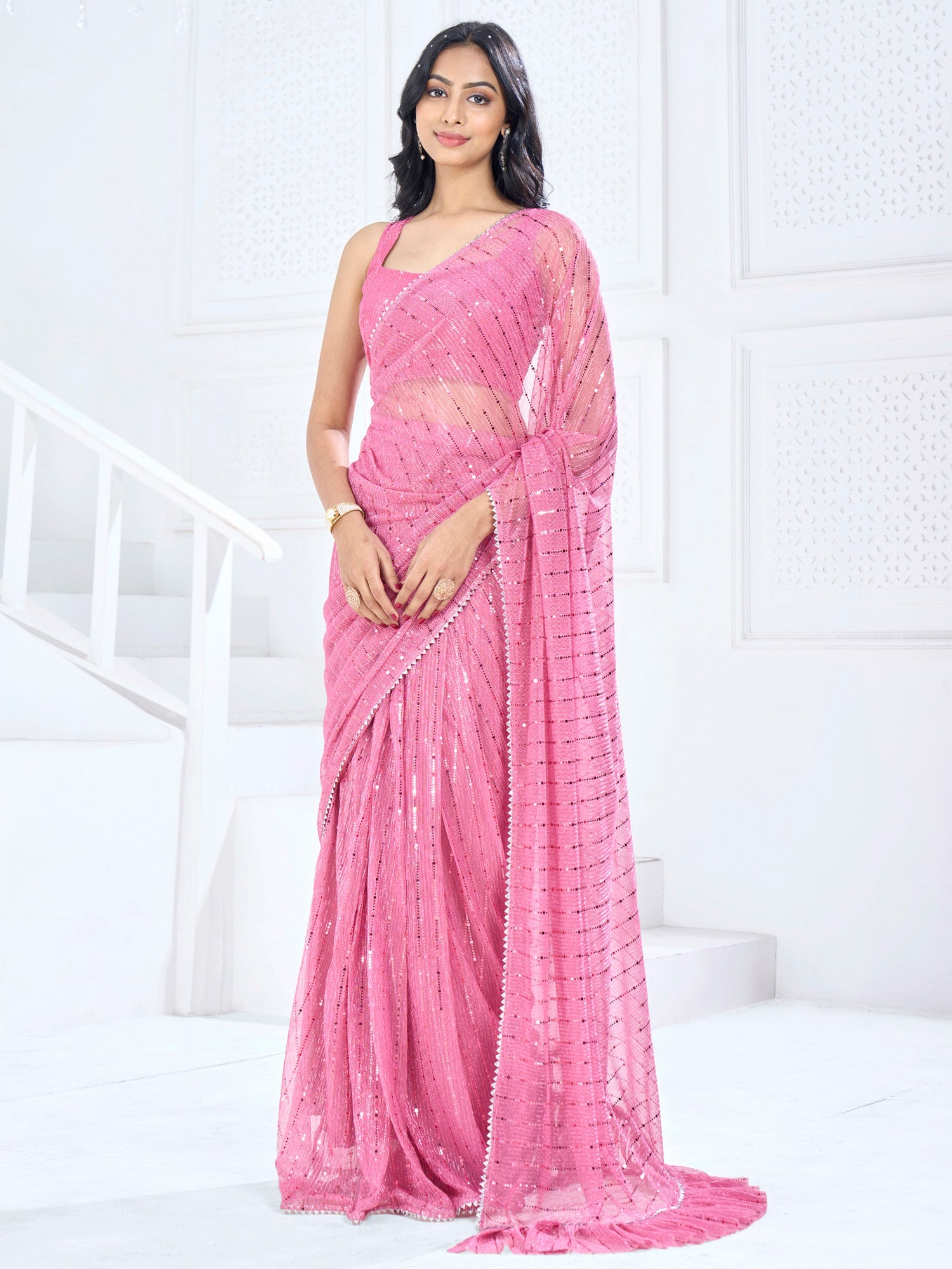 Women's Lycra Pink Embellished Ready to Wear With Blouse Piece