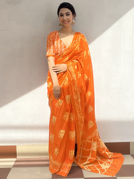 Women's Cotton Orange Printed Designer Saree With Blouse Piece