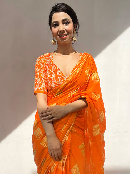 Women's Cotton Orange Printed Designer Saree With Blouse Piece