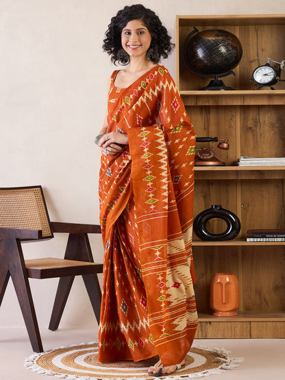 Women's Cotton Orange Printed Ready to Wear With Blouse Piece