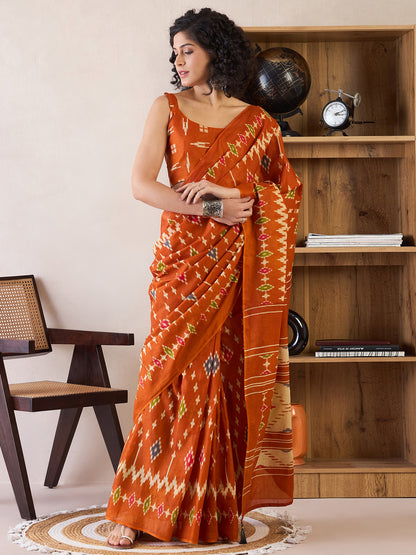 Women's Cotton Orange Printed Ready to Wear With Blouse Piece