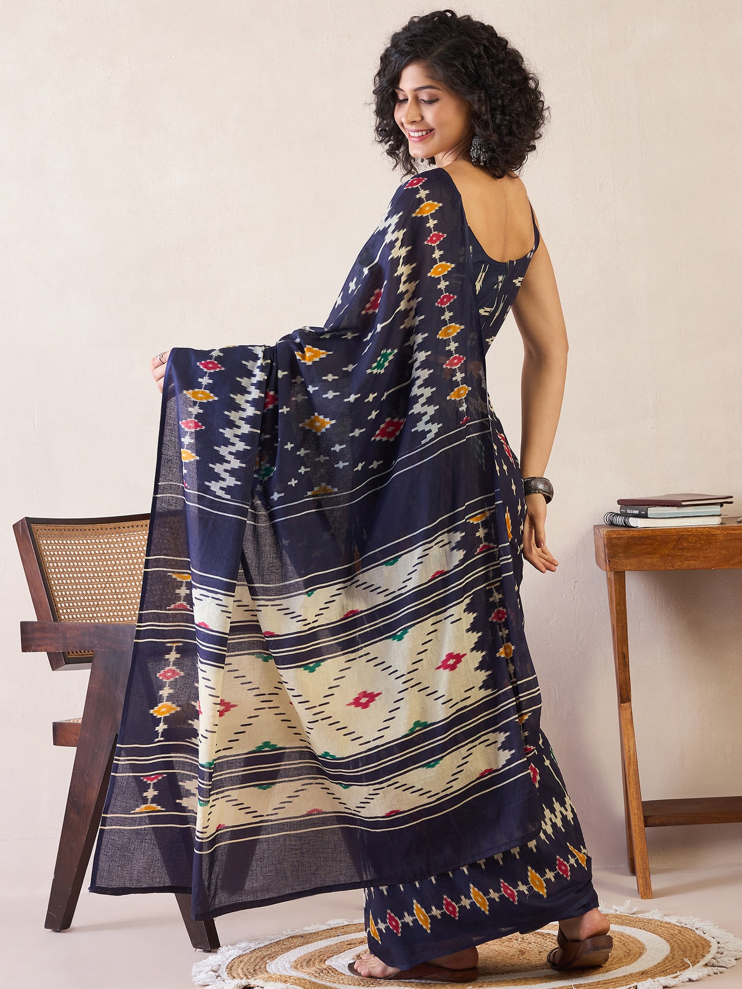 Women's Cotton Navy Blue Printed Ready to Wear With Blouse Piece