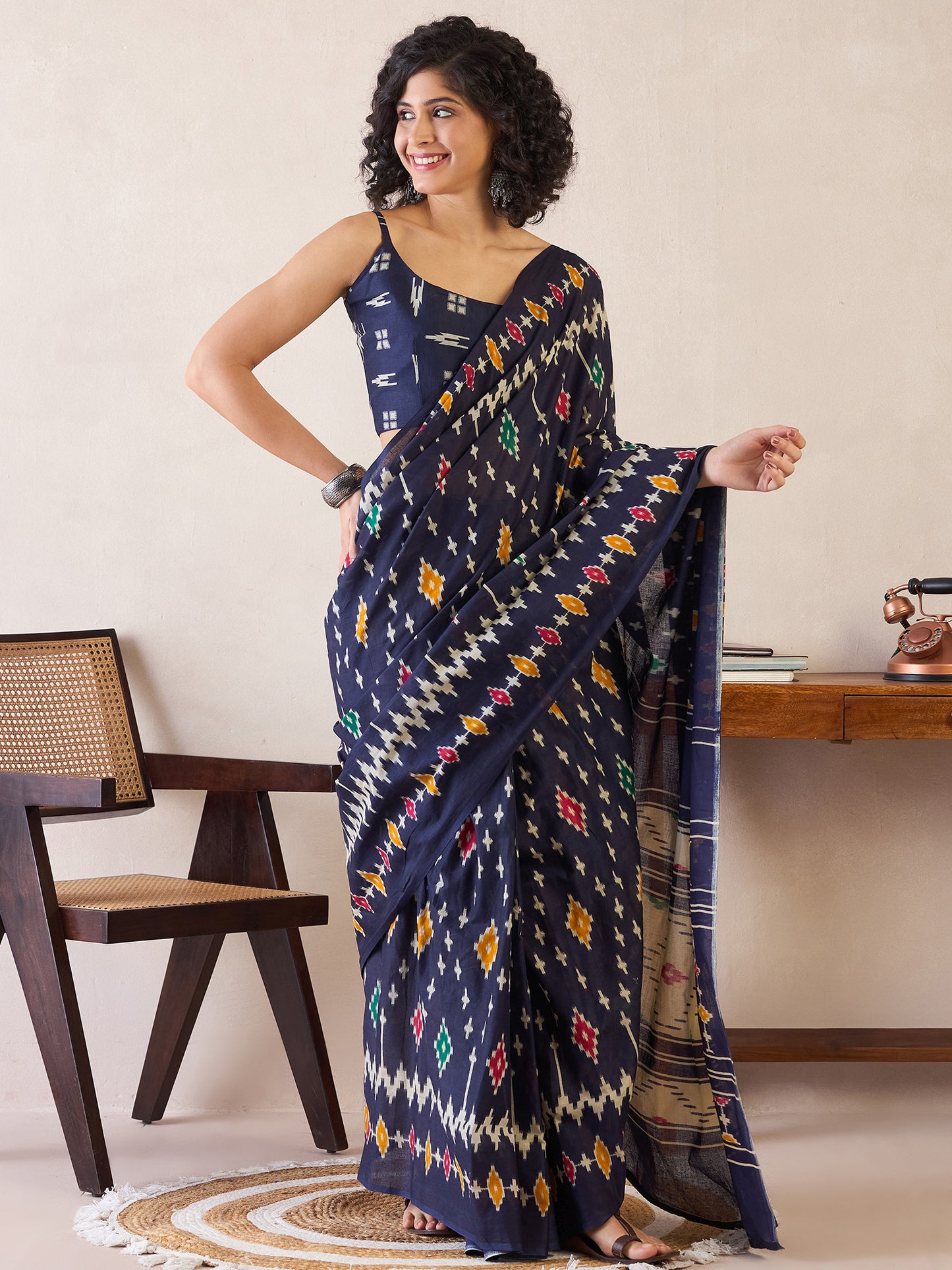 Women's Cotton Navy Blue Printed Ready to Wear With Blouse Piece