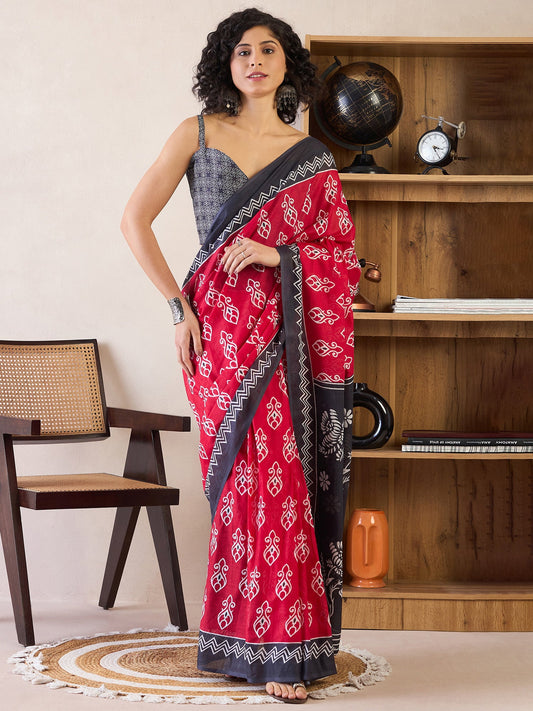 Women's Cotton Pink Printed Ready to Wear With Blouse Piece
