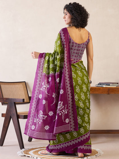 Women's Cotton Green Printed Ready to Wear With Blouse Piece
