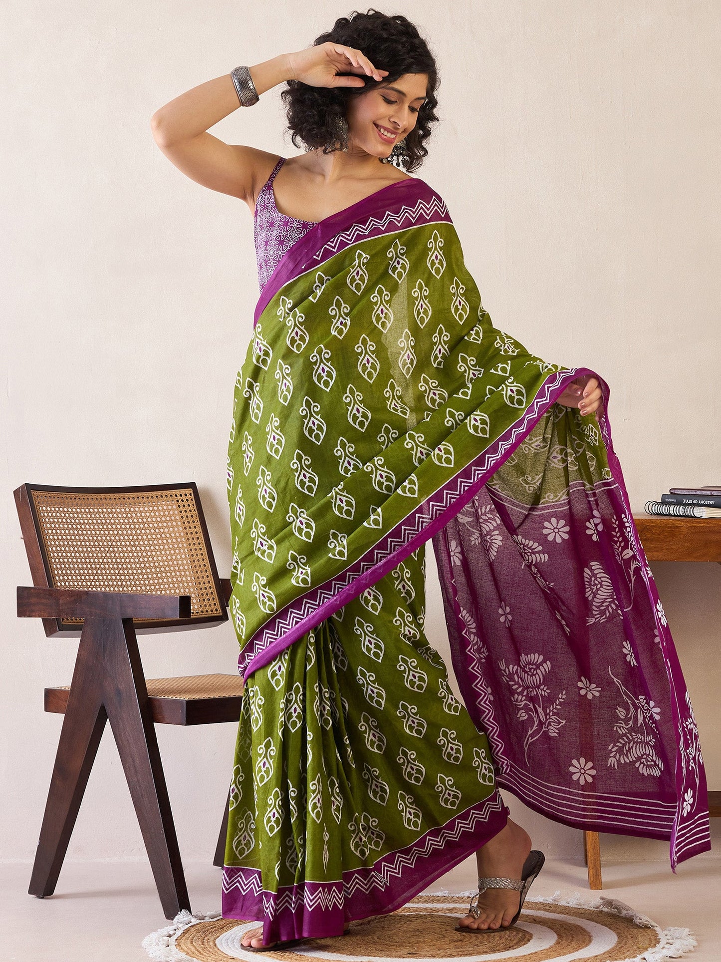 Women's Cotton Green Printed Ready to Wear With Blouse Piece