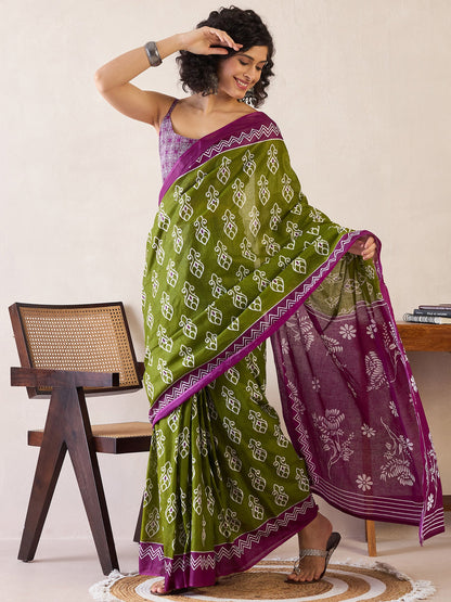 Women's Cotton Green Printed Ready to Wear With Blouse Piece