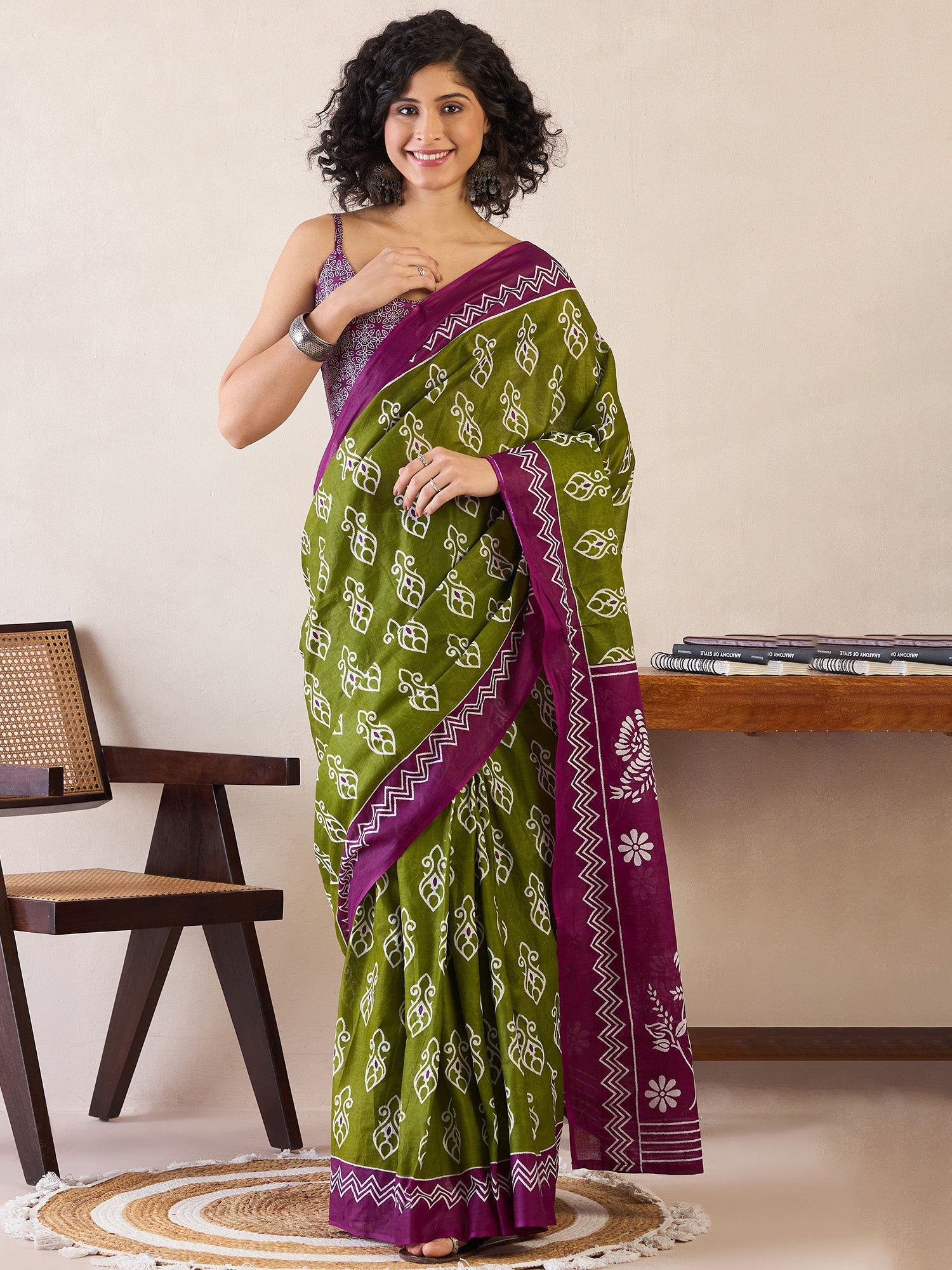 Women's Cotton Green Printed Ready to Wear With Blouse Piece