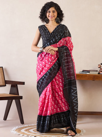 Women's Cotton Pink Printed Ready to Wear With Blouse Piece