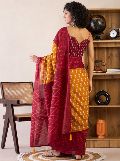 Women's Cotton Mustard Printed Ready to Wear With Blouse Piece