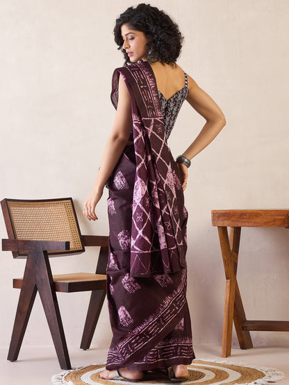 Women's Cotton Burgundy Printed Ready to Wear With Blouse Piece