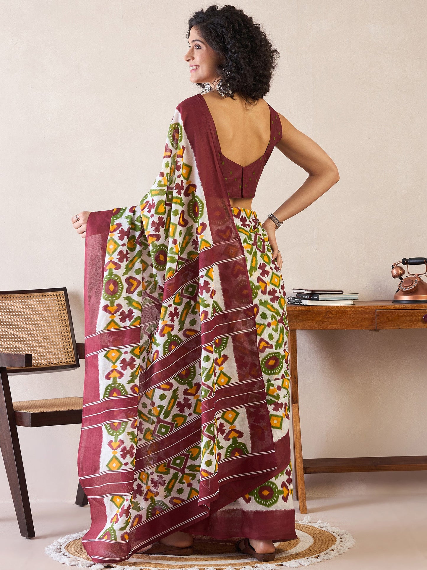 Women's Cotton White Printed Ready to Wear With Blouse Piece
