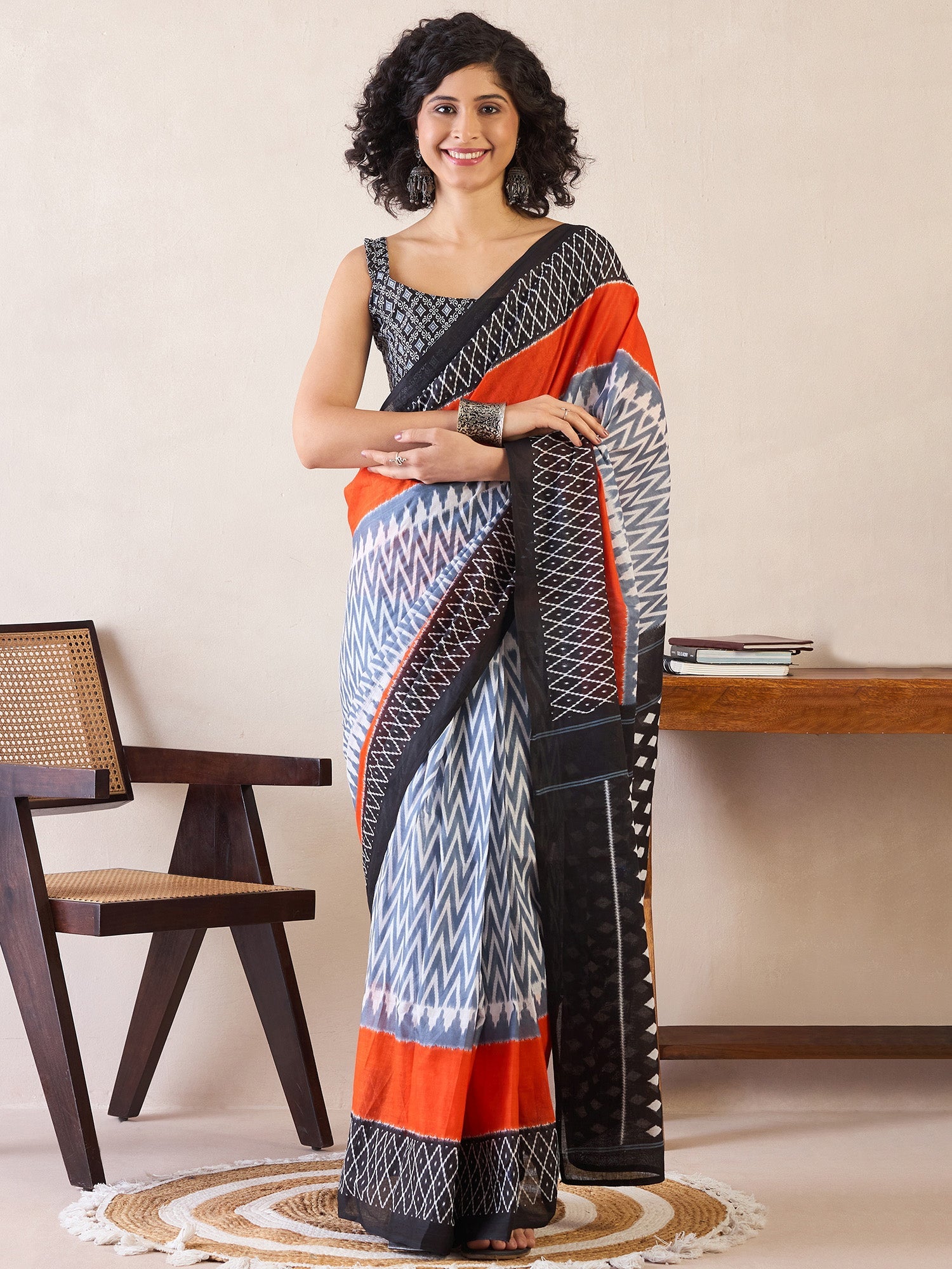 Women's Cotton Grey Printed Ready to Wear With Blouse Piece