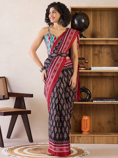 Women's Cotton Black Printed Ready to Wear With Blouse Piece