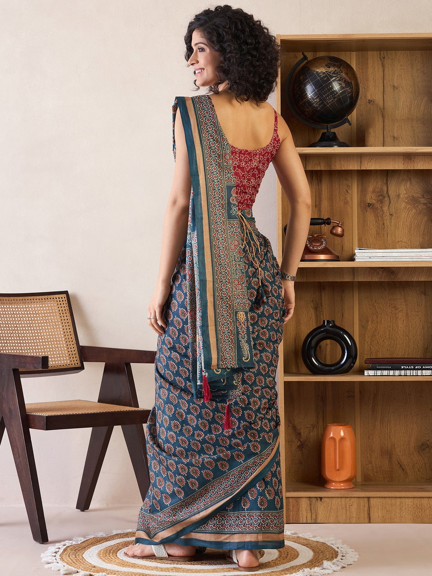 Women's Cotton Teal blue Printed Ready to Wear With Blouse Piece