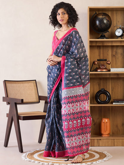 Women's Cotton Charcoal Grey Printed Ready to Wear With Blouse Piece