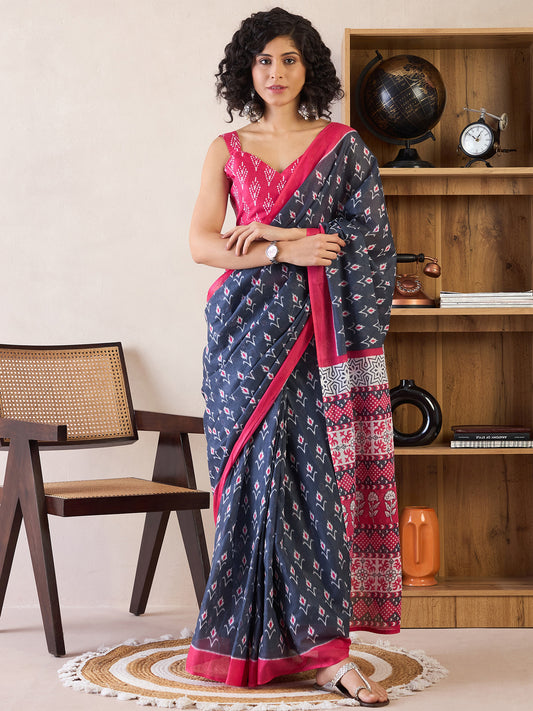 Women's Cotton Charcoal Grey Printed Ready to Wear With Blouse Piece