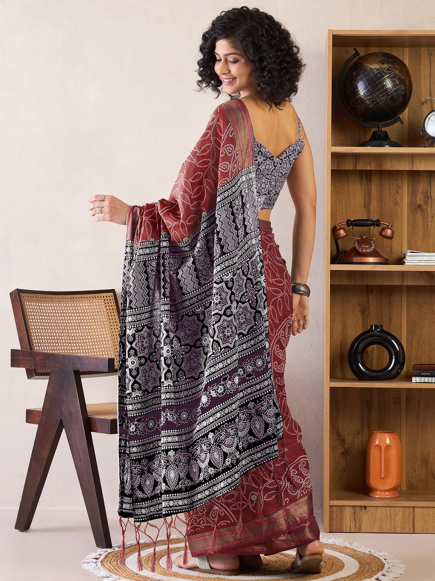 Women's Cotton Brown Printed Ready to Wear With Blouse Piece