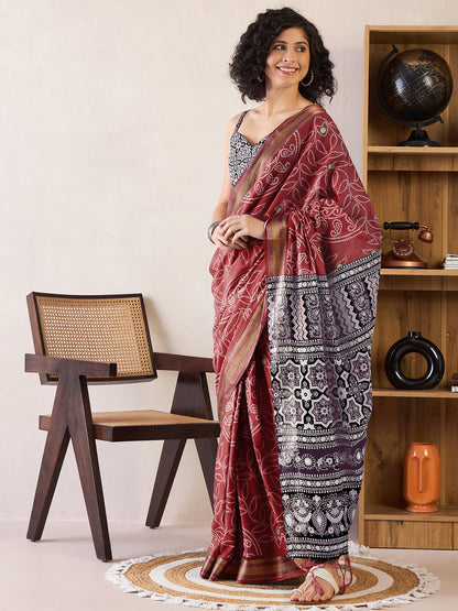 Women's Cotton Brown Printed Ready to Wear With Blouse Piece