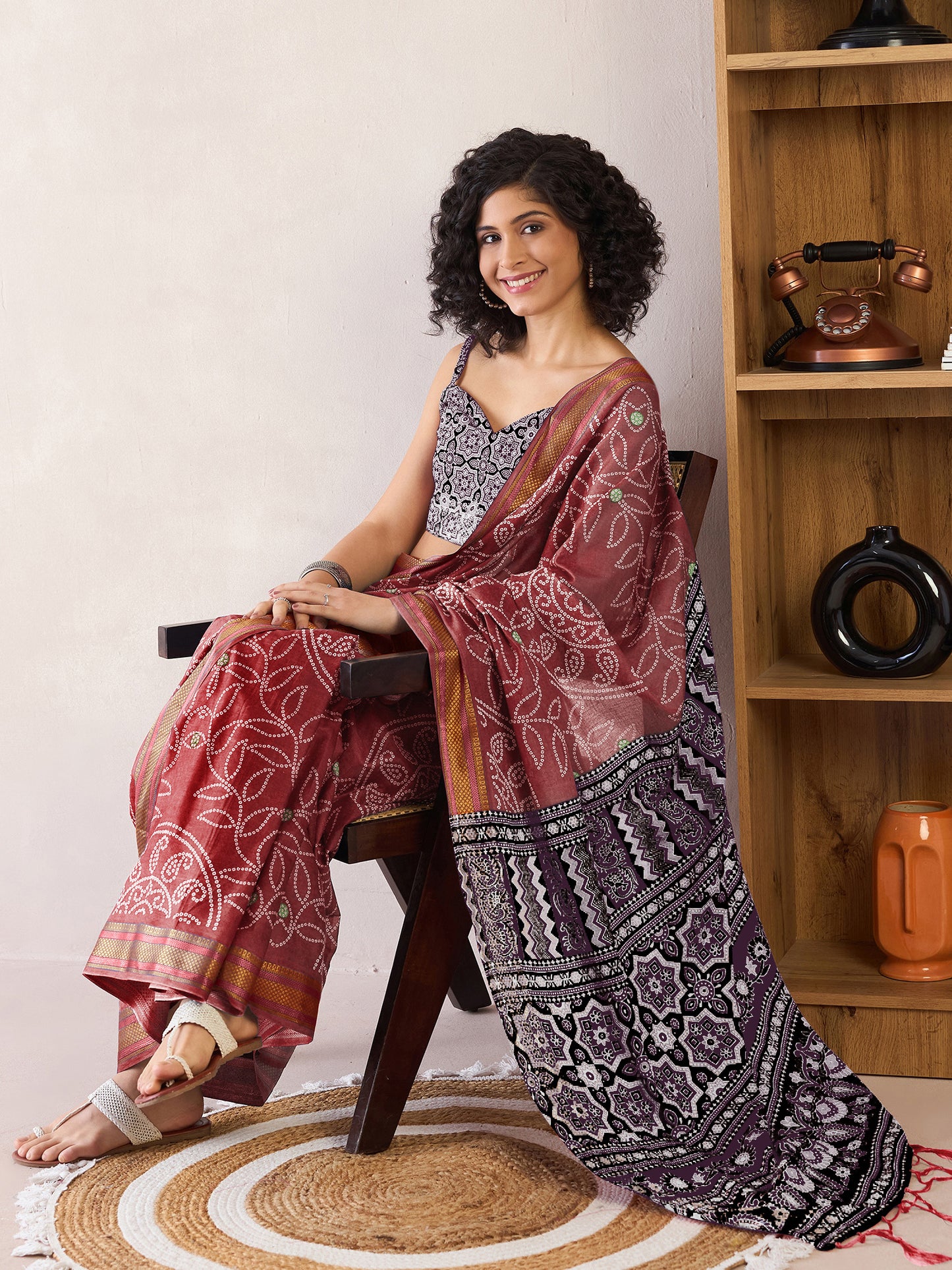 Women's Cotton Brown Printed Ready to Wear With Blouse Piece