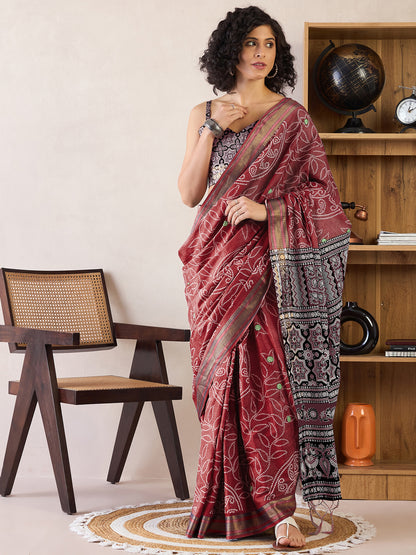 Women's Cotton Brown Printed Ready to Wear With Blouse Piece