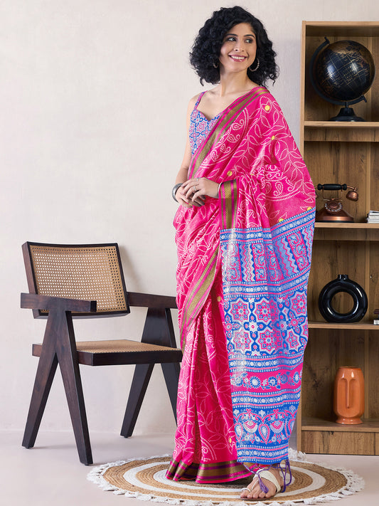 Women's Cotton Pink Printed Ready to Wear With Blouse Piece