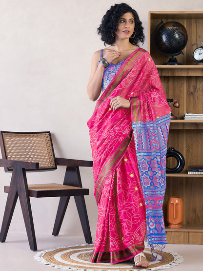 Women's Cotton Pink Printed Ready to Wear With Blouse Piece