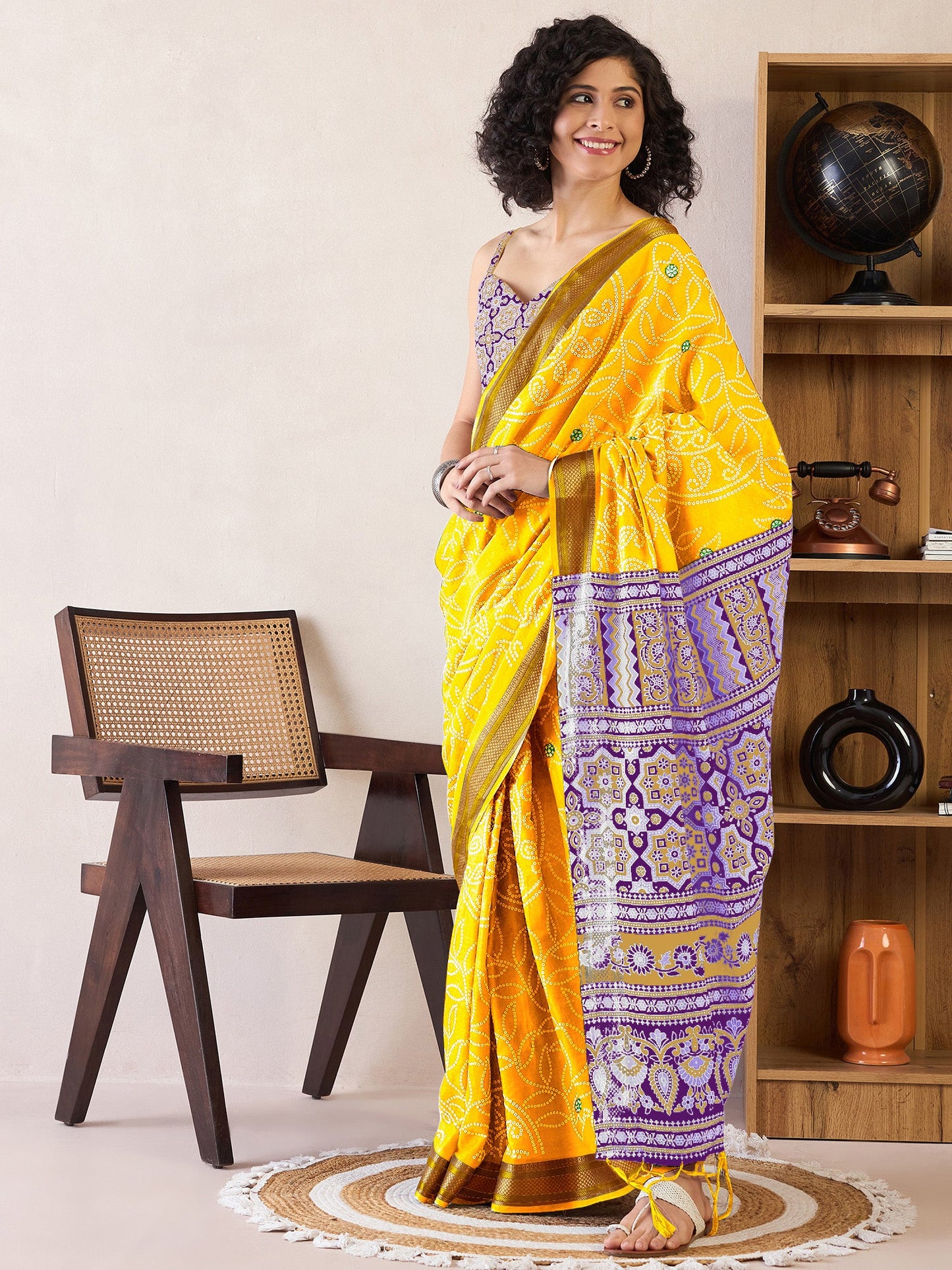 Women's Cotton Yellow Printed Ready to Wear With Blouse Piece