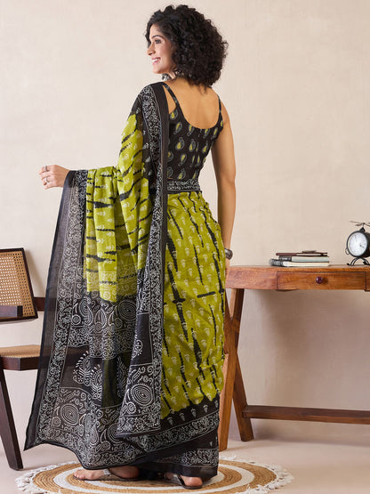 Women's Cotton Olive Printed Ready to Wear With Blouse Piece