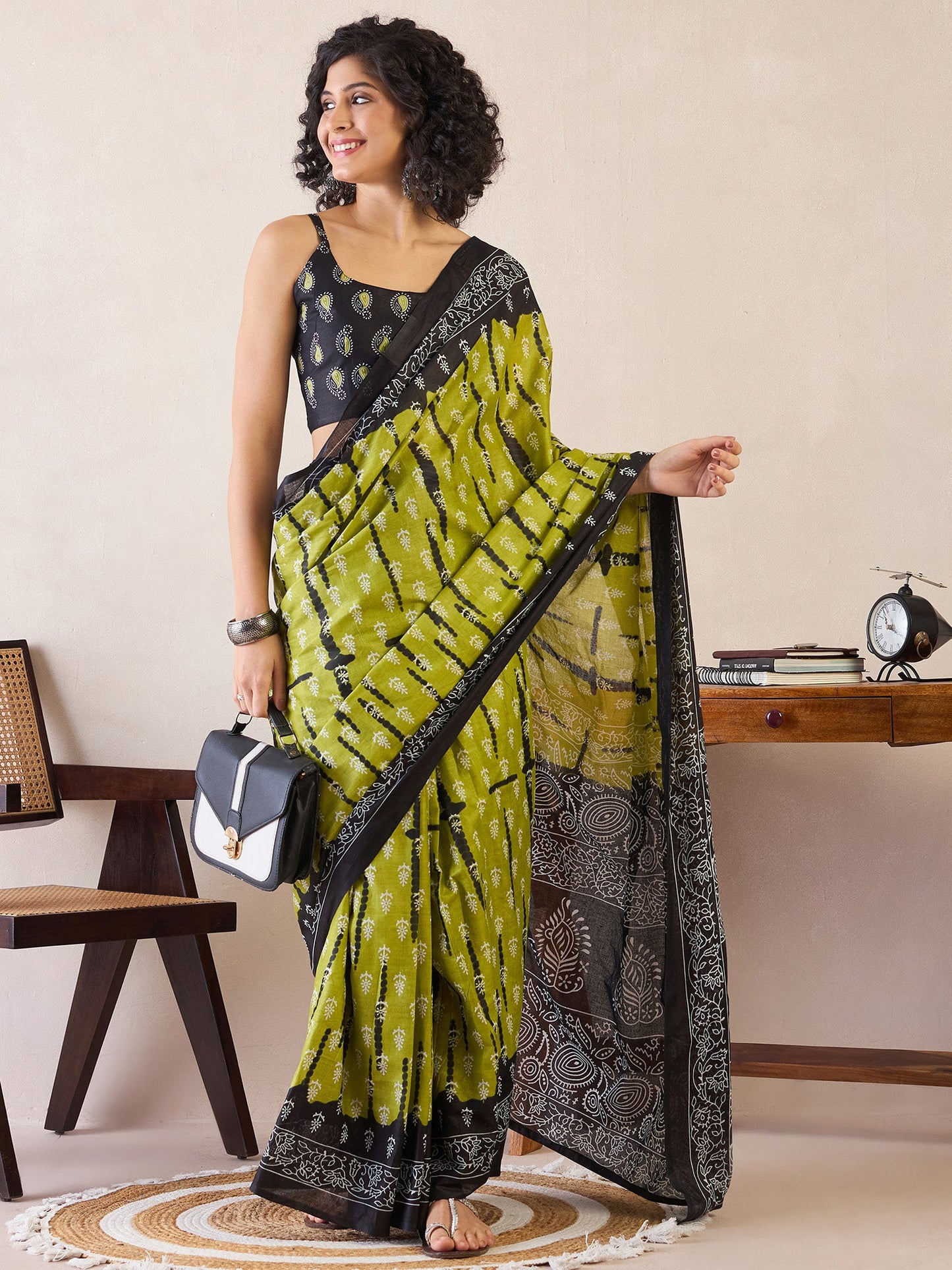 Women's Cotton Olive Printed Ready to Wear With Blouse Piece