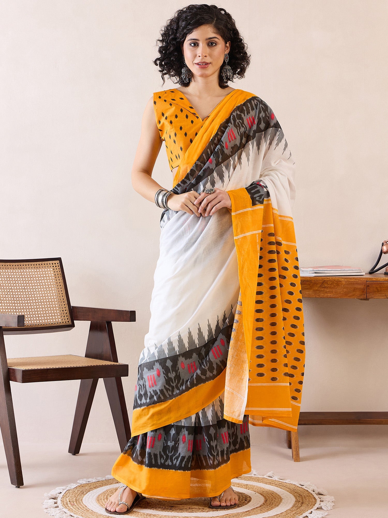 Women's Cotton White Printed Ready to Wear With Blouse Piece