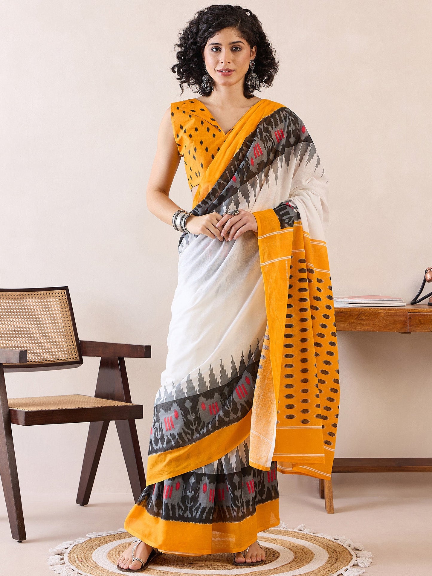 Women's Cotton White Printed Ready to Wear With Blouse Piece