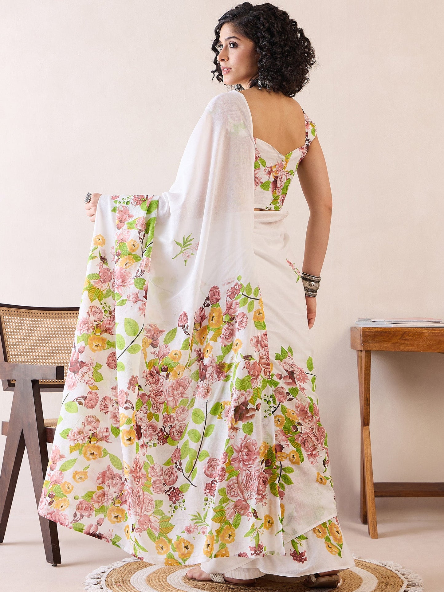 Women's Cotton White Printed Ready to Wear With Blouse Piece
