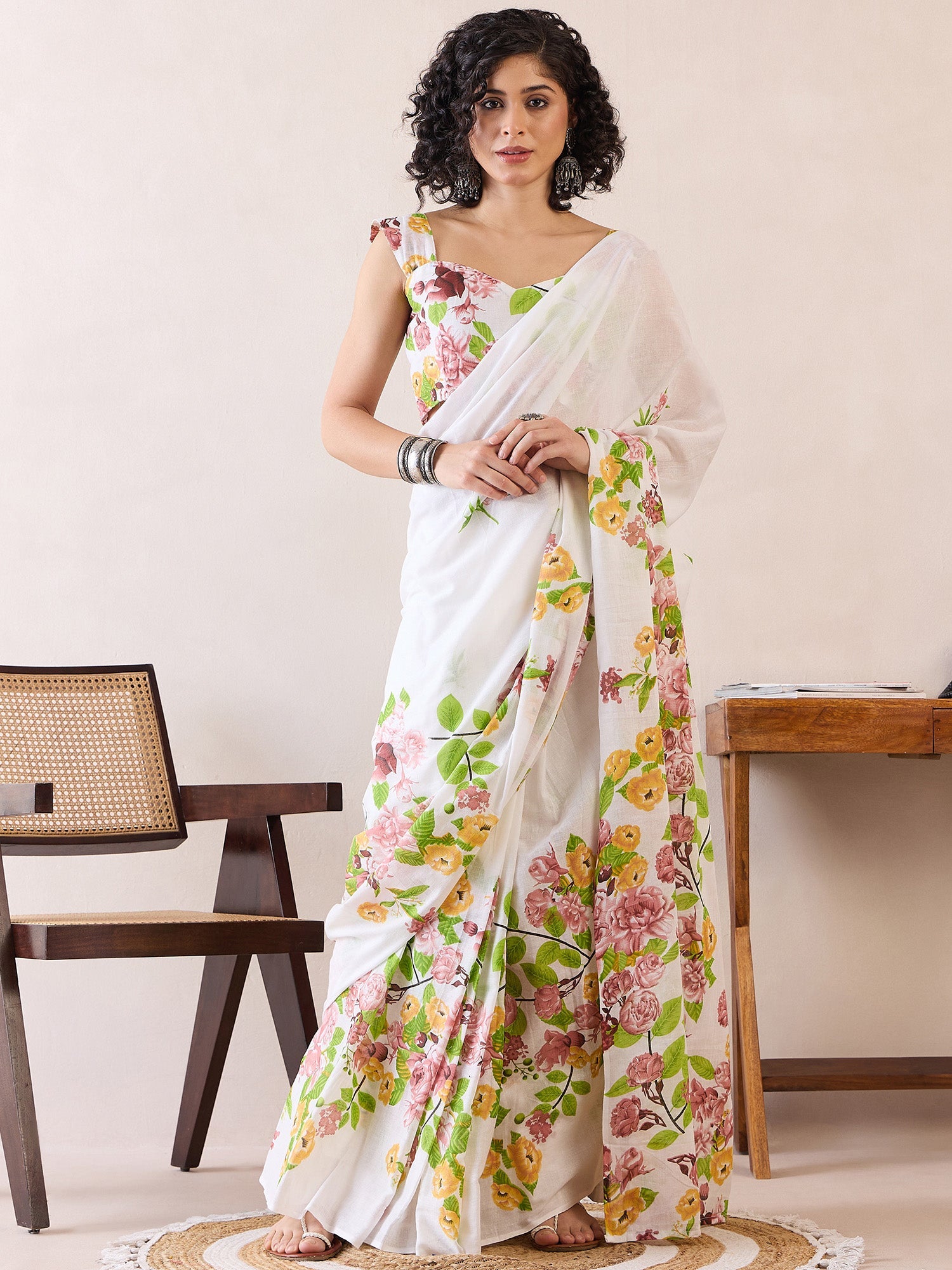 Women's Cotton White Printed Ready to Wear With Blouse Piece