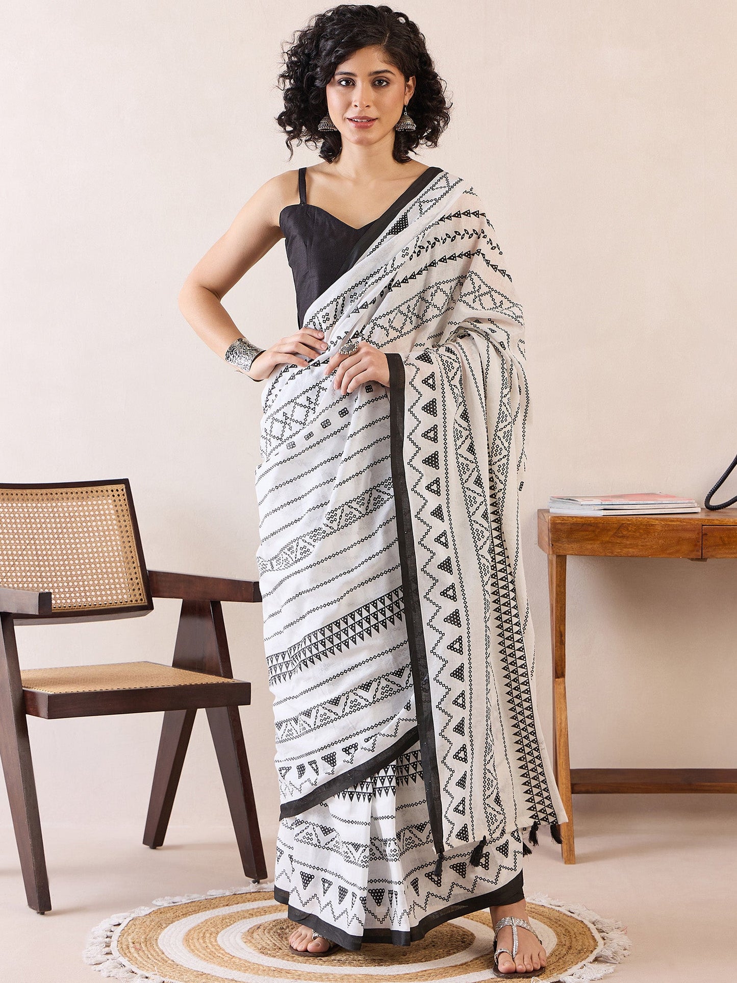 Women's Cotton White Printed Ready to Wear With Blouse Piece