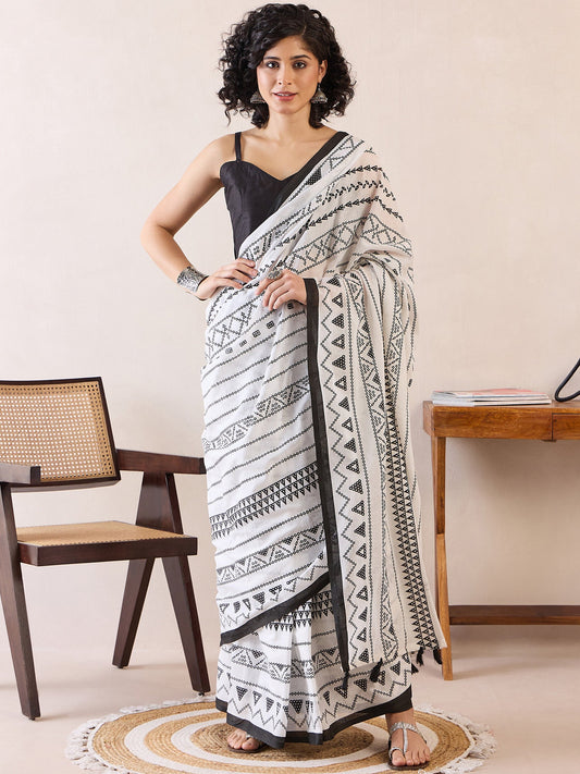 Women's Cotton White Printed Ready to Wear With Blouse Piece