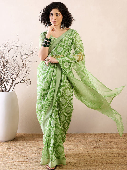 Women's Brasso Green Printed Ready to Wear With Blouse Piece