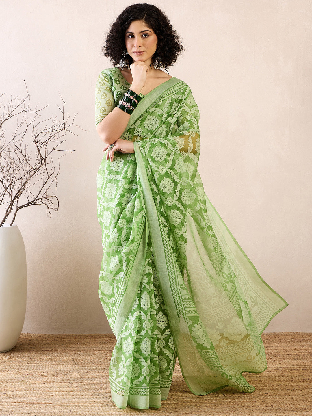 Women's Brasso Green Printed Ready to Wear With Blouse Piece