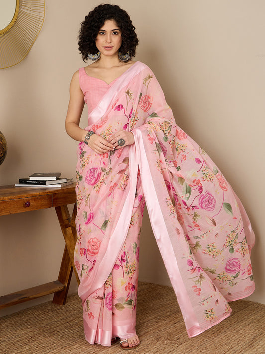 Women's Cotton Silk Light Pink  Printed Ready to Wear With Blouse Piece