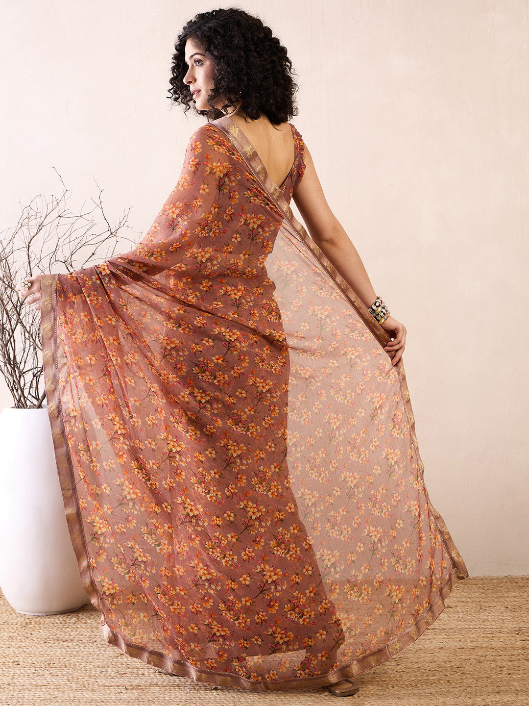 Women's Georgette Brown Printed Ready to Wear With Blouse Piece